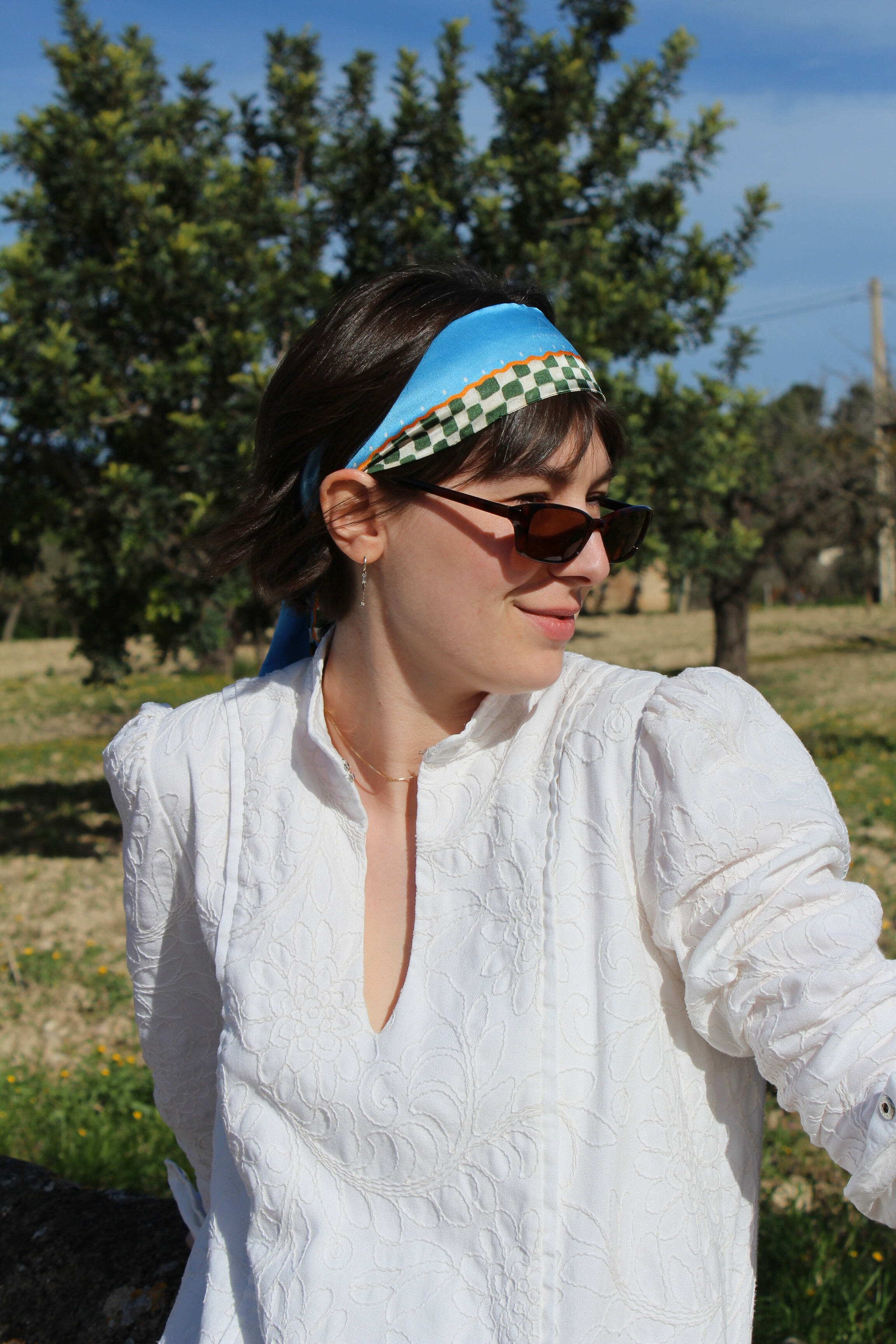 Haarband Seide blau Karomuster
