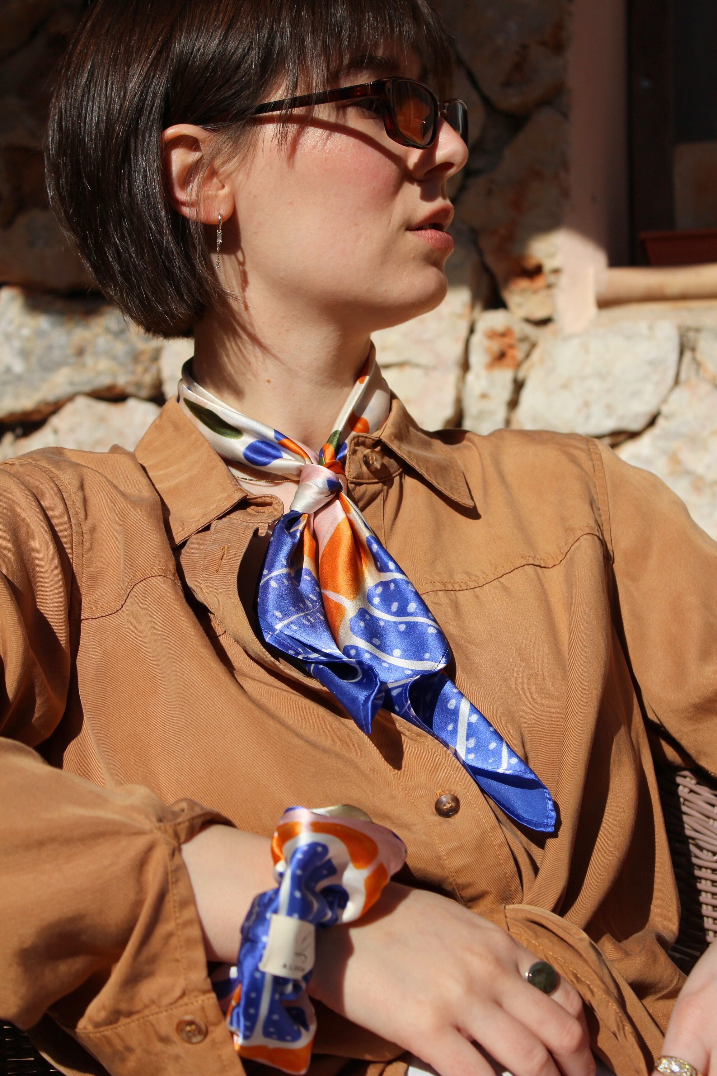 Halstuch Seide blau bunt gemustert