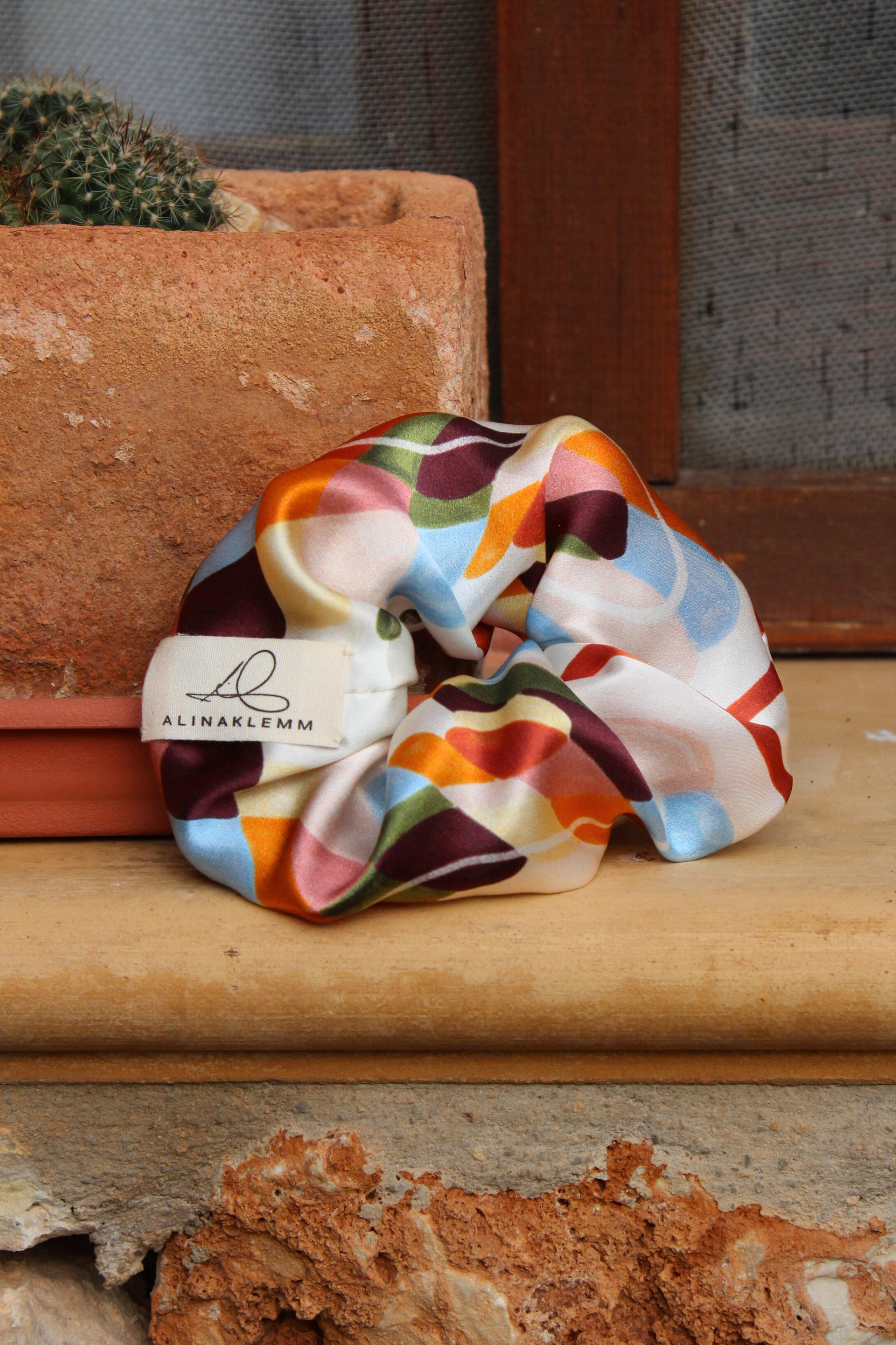 Scrunchie Seide orange rosa blau gemustert