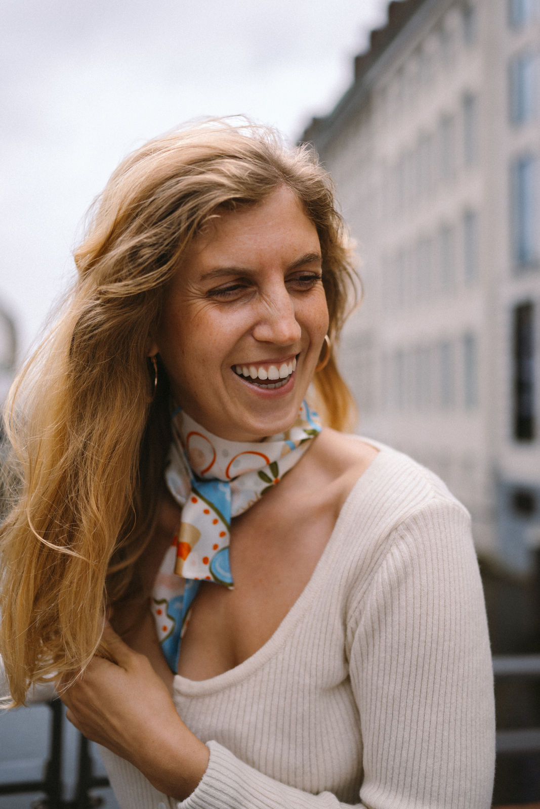 Seiden Schal blau creme orange sommerlich 