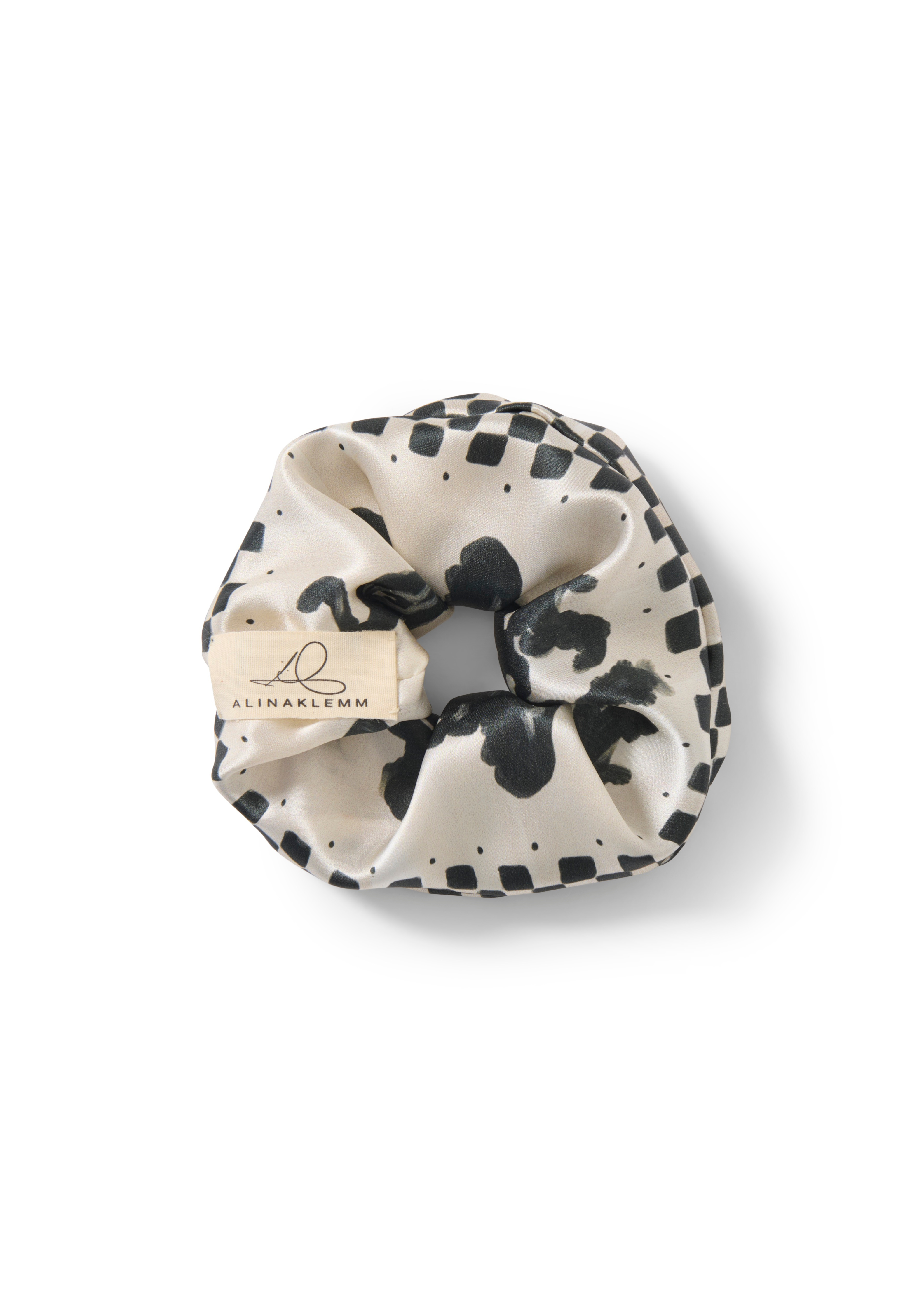 Seiden Scrunchie schwarz beige gemustert Produktbild