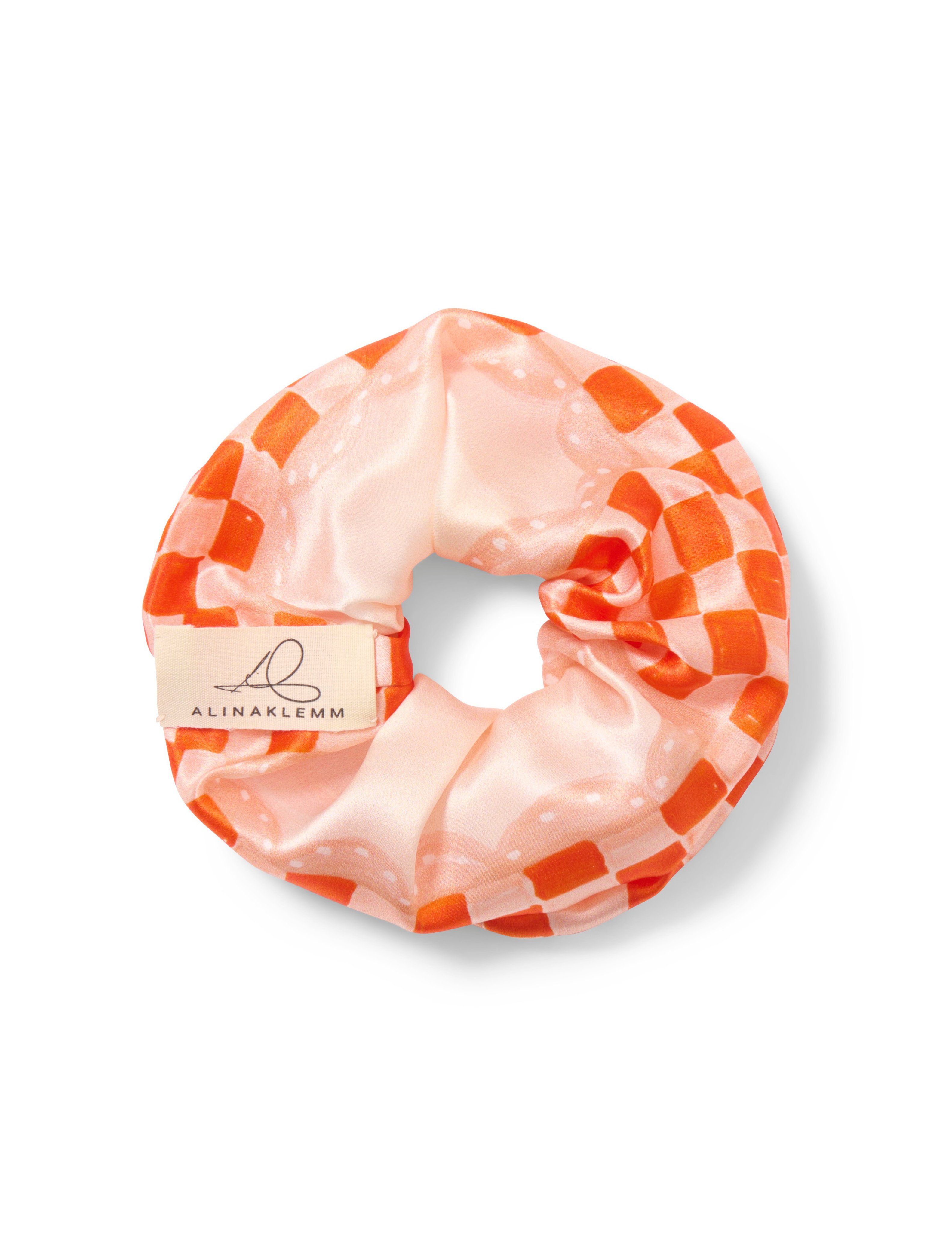 seiden scrunchie orange rosa gemustert