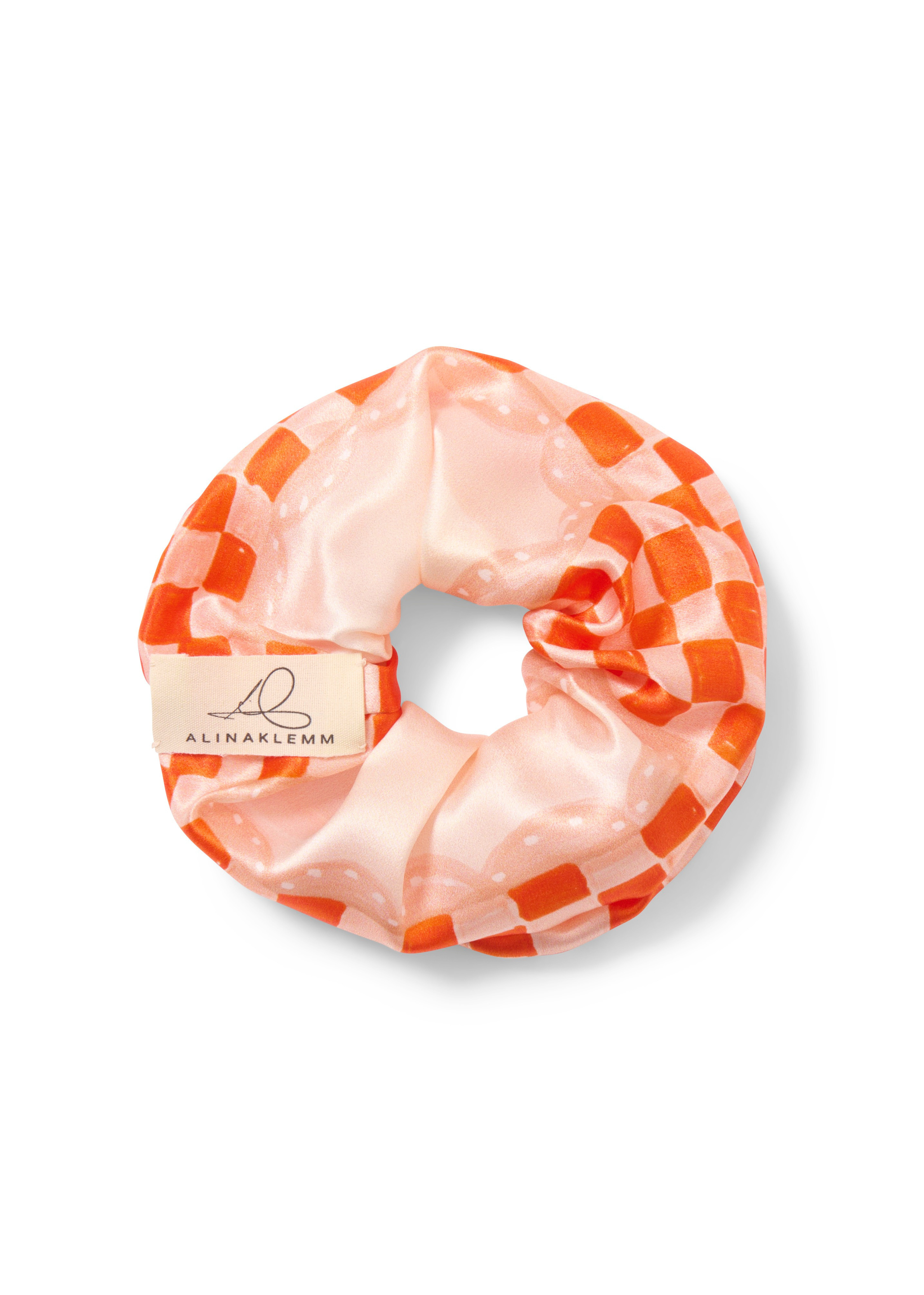 seiden scrunchie orange rosa gemustert